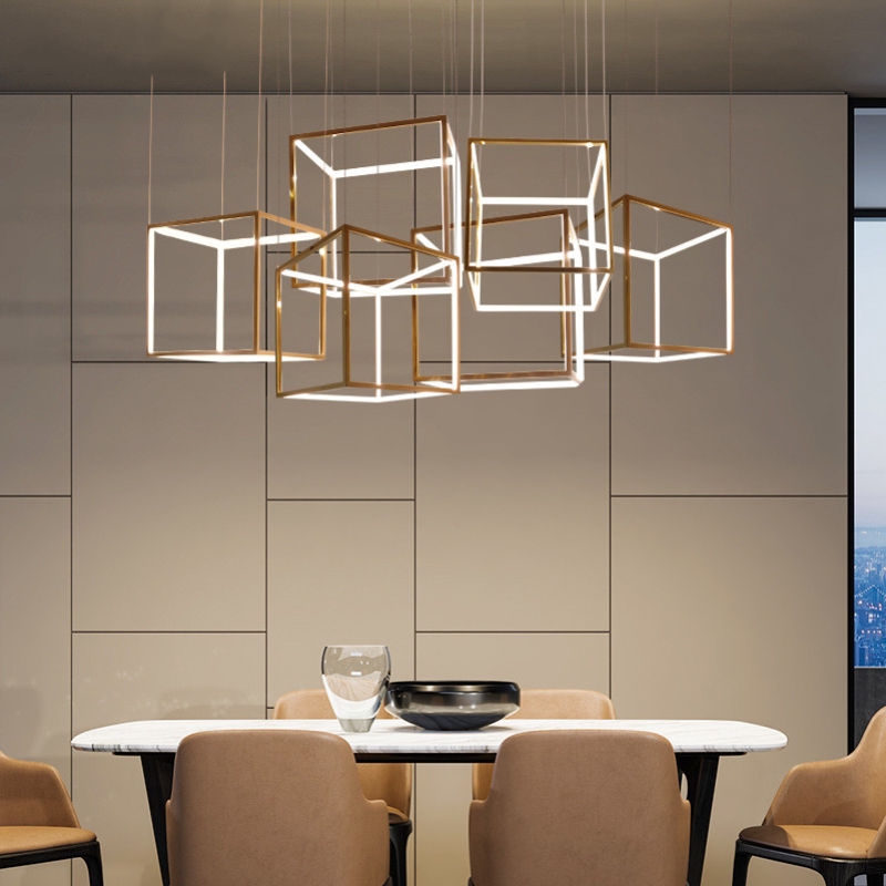 Postmodern square geometric chandelier simple LED personality restaurant bar front desk exhibition hall engineering art lamps