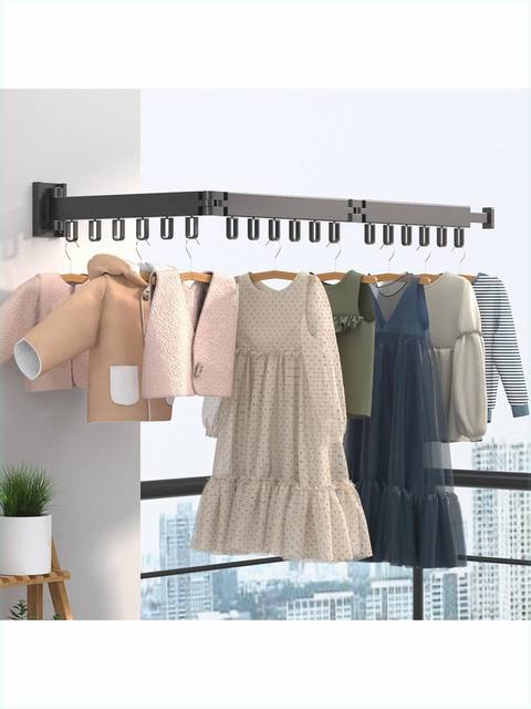 Folding clothes drying rack invisible retractable clothes drying rack-free window outdoor balcony metal clothes drying rod ສິ່ງທີ່ດີ