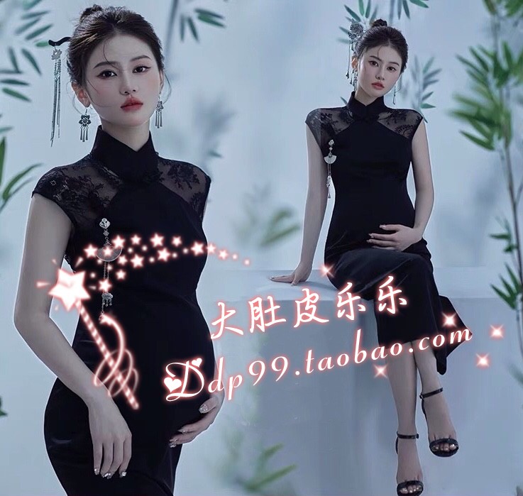 641 Black Cheongsam Antique Chinese Style Pregnant Woman Photoshoot Rental Photo Studio Pregnancy Photo Pregnancy Mommy Dress