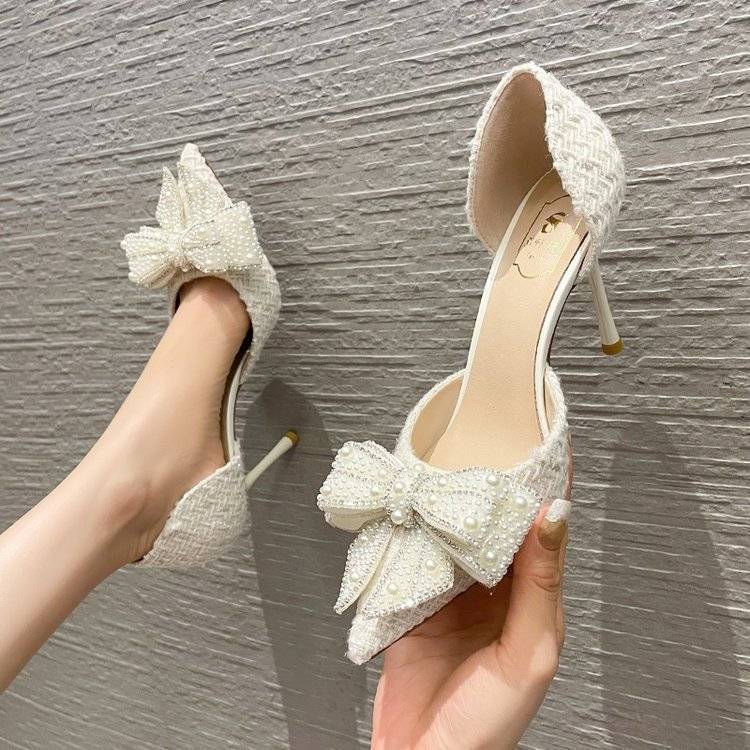Bow-Knot Hollow Sandals 2026 Summer New Style Pearl Chanel-Style White High Heels Women's Stiletto Pointed Toe Wedding Shoes