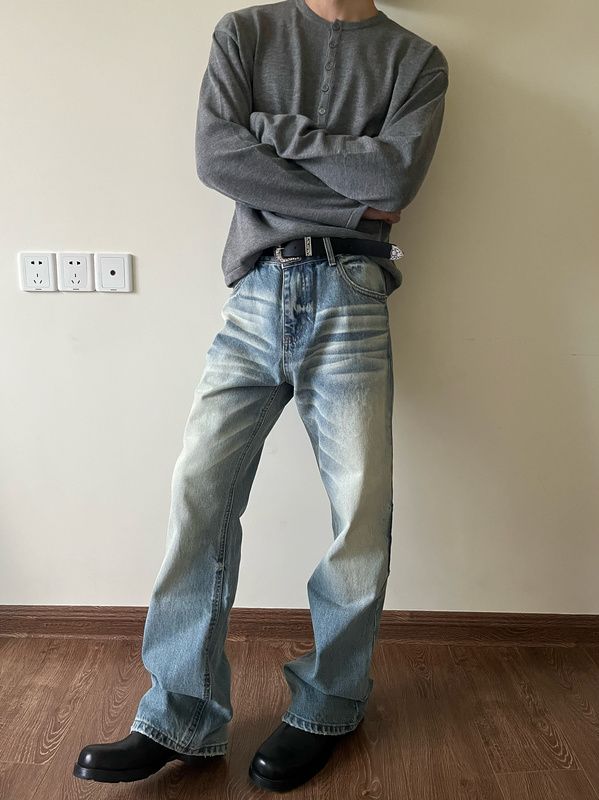 Drift Away 24Fw Retro Distressed Ice Blue Cream Faded Whiskered 646 Bootcut Jeans