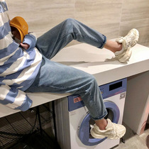 Hong Kong style pants mens straight loose jeans nine points Korean version of the trend student wide-legged all-match casual pants 9 points