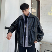 Tide brand autumn and winter motorcycle clothing leather mens tide loose Korean version of the trend handsome mens youth plus velvet leather jacket jacket