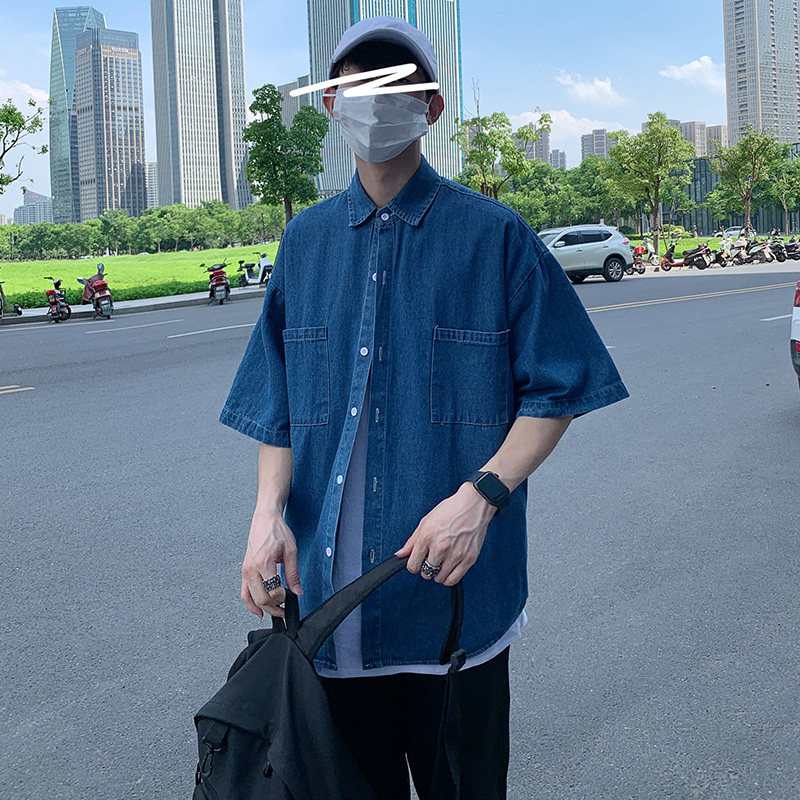 Denim Short Sleeve Shirt Men Ins and Yuppie Handsome Summer Thin port Wind date Tide Relaxation Pocket Tooling Jacket Tide