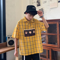 Hong Kong style summer plaid shirt short-sleeved mens Korean version of the trend mid-sleeve shirt handsome student loose five-point sleeve half sleeve