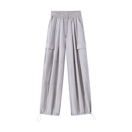 灰色工装阔腿裤女夏季大码胖mm冰丝薄款速干降落伞美式运动直筒裤