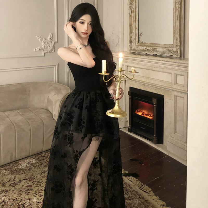 Black Strapless Mesh Dress, High-End Banquet Gown, Elegant Waist-Cinching Princess Dress, Long Dress Black Strapless Mesh Dress, High-End Banquet Gown, Elegant Waist-Cinching Princess Dress, Long Dress