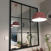  Dining room wall decoration mirror fake window mirror Wrought iron retro square checkered decoration mirror Living room dining room background wall hanging