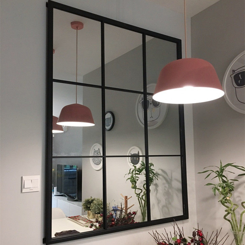 Wrought iron vintage square fake window mirror frame wall window hole checkered decorative mirror Living room dining room background Wall hanging