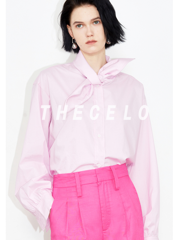 Thecelo Autumn Pink Women's Shirt with Knotted Neckline, Green Long-Sleeved Loose Design with Bunny Ear Collar Shirt Thecelo Autumn Pink Women's Shirt with Knotted Neckline, Green Long-Sleeved Loose Design with Bunny Ear Collar Shirt