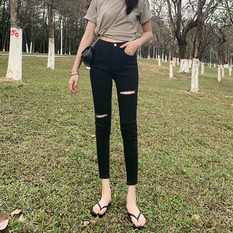 2025 Autumn New Style Pure Black Ripped Jeans for Women, High-Waisted, Slim-Fit, Skinny Pencil Pants, Petite Biker Pants