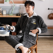 Mens pajamas autumn and winter coral velvet padded velvet long sleeve size warm winter flannel home suit