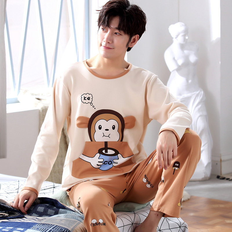Spring Autumn Season Men's Sleepwear Long Sleeve Pure Cotton Cartoon Teenagers High Middle School Students Full Cotton Autumn And Winter Style Home Suit Suit