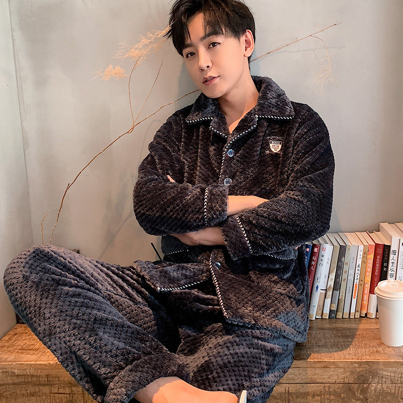 Men's pajamas winter coral fleece thickened and velvet warm long-sleeved youth flannel autumn and winter homewear suit
