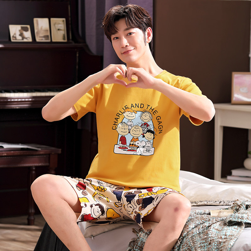 Pajamas men summer pure cotton short-sleeved suit cute cartoon primary and secondary school students teen boys large size home clothes summer