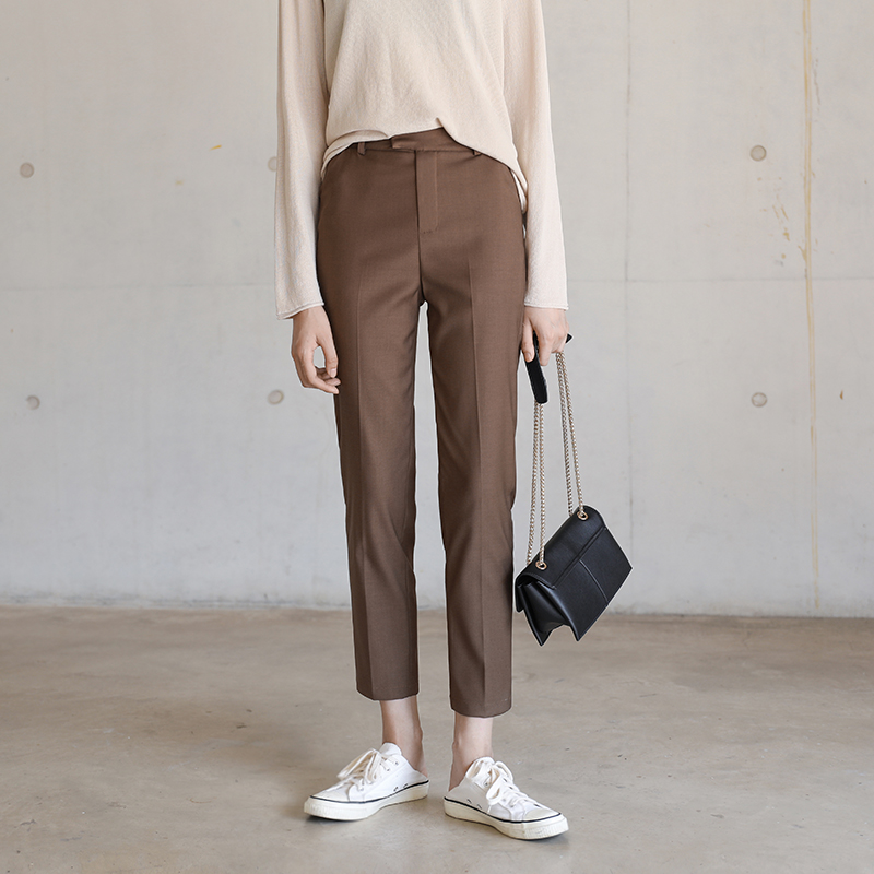 Dark gray with caramel brown nine-point trousers professional OL women's casual small foot work pants small straight loose cigarette tube pants