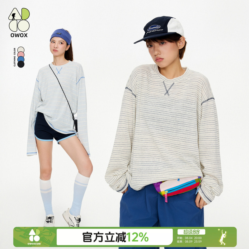 Owox Striped Long-Sleeve T-Shirt Outdoor Hasselblad Line Sports Top Base Layer Loose Casual Slightly Sheer Sun Protection Cover-Up