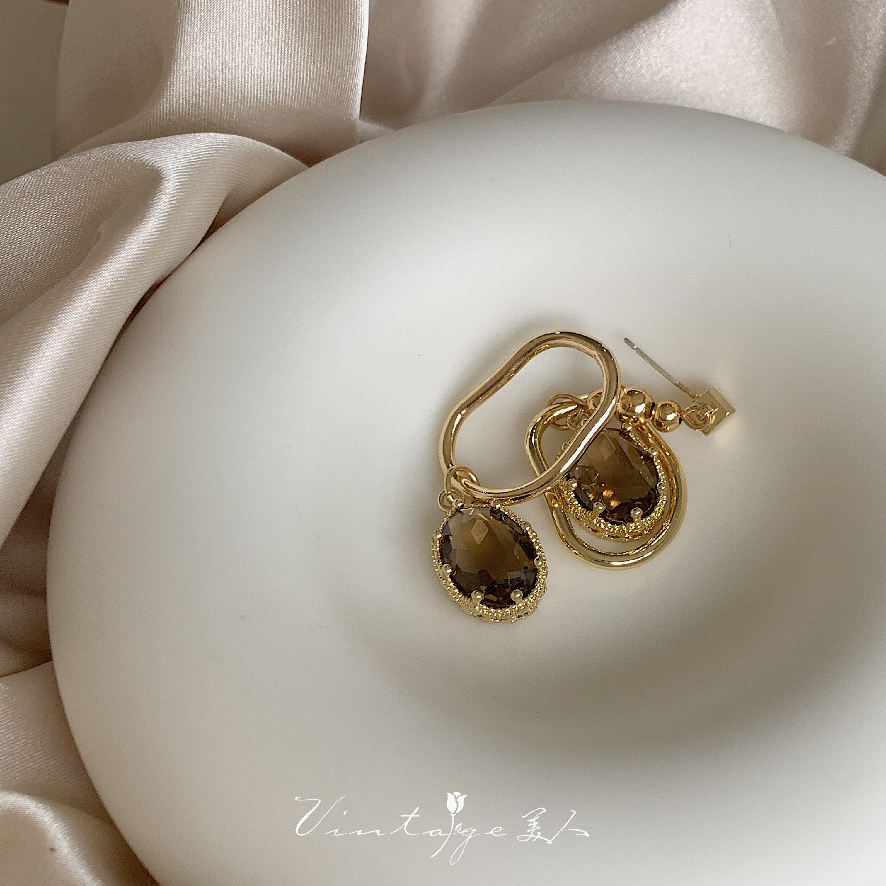 「曼哈顿老店」法式vintage小众设计复古不对称茶色水晶耳环/耳夹详情13