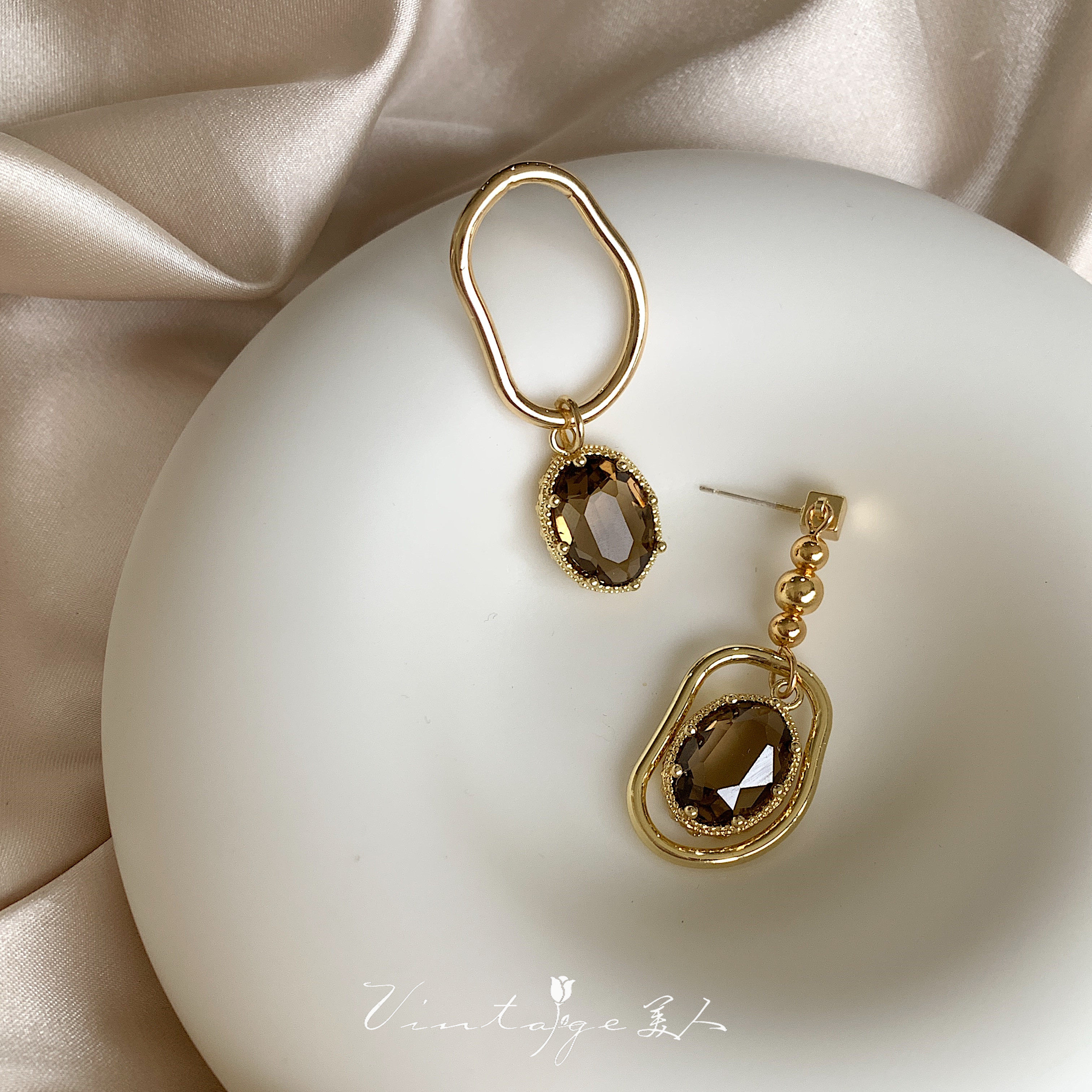 「曼哈顿老店」法式vintage小众设计复古不对称茶色水晶耳环/耳夹详情14