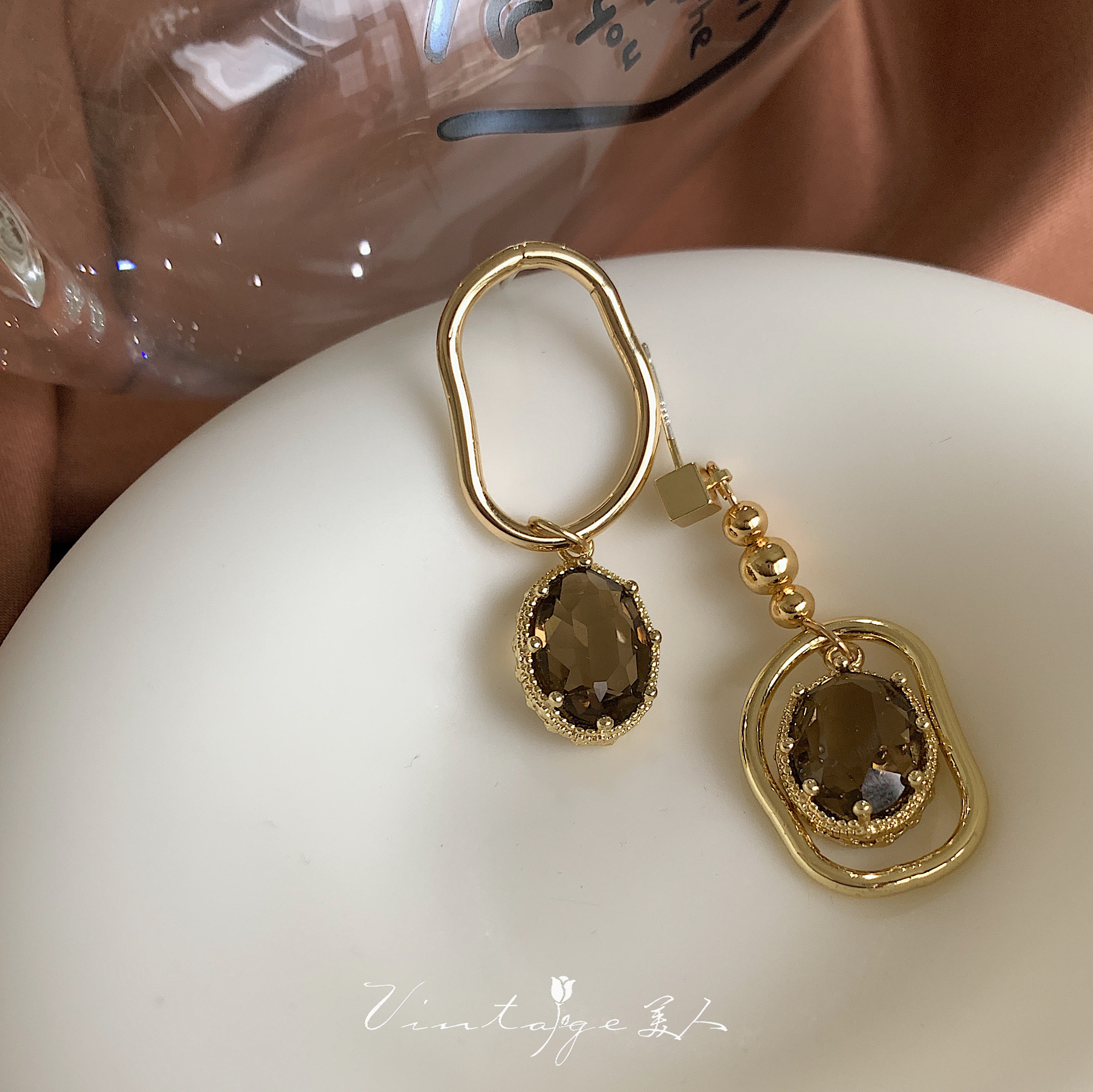 「曼哈顿老店」法式vintage小众设计复古不对称茶色水晶耳环/耳夹详情10