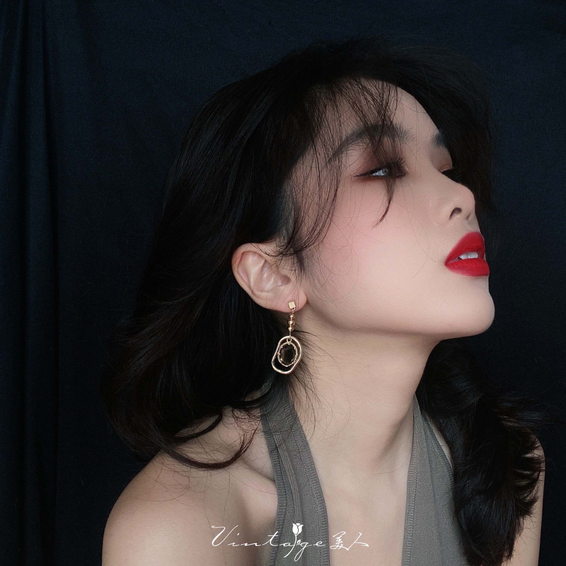 「曼哈顿老店」法式vintage小众设计复古不对称茶色水晶耳环/耳夹详情1