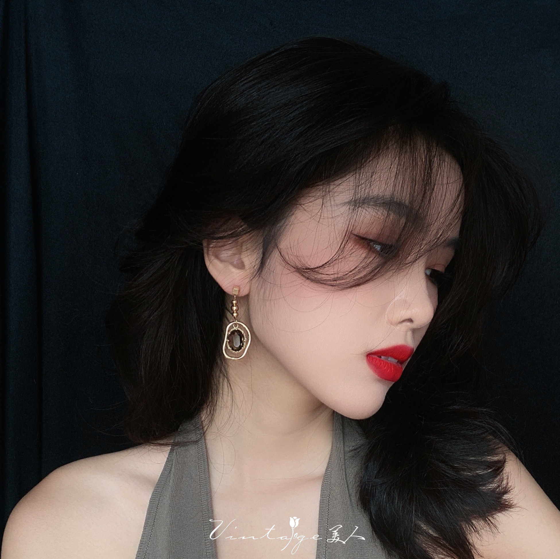 「曼哈顿老店」法式vintage小众设计复古不对称茶色水晶耳环/耳夹详情4