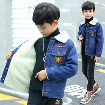 Boys winter coat big boy sixty-seven and eighty-year-old boy plus velvet padded denim jacket childrens winter clothes