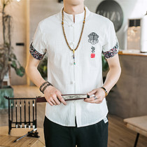 Mens cotton linen summer short sleeve mens T-shirt Han clothing Tang suit collar half sleeve antique fashion trend plate buckle mens shirt