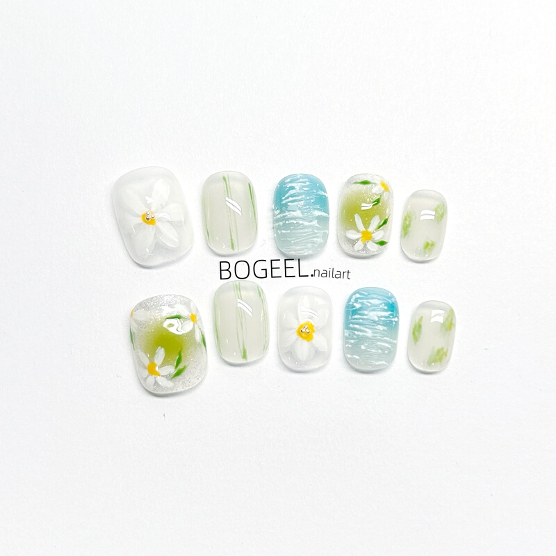 Bogeel Hand-Painted Floral Nail Stickers 2026 New Summer Pure Handmade Wearable Nails Japanese Fresh Short Style High-End