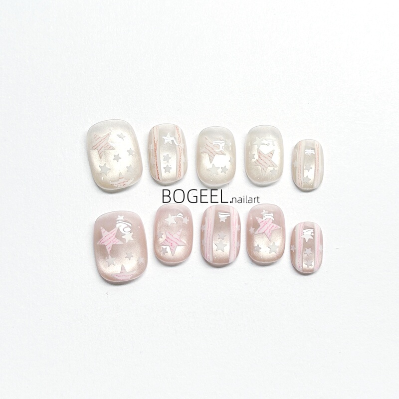 Bogeel Pink Star Wearable Nails Light Luxury High-End French Short Style Handmade Nail Stickers 2026 New Niche Cute