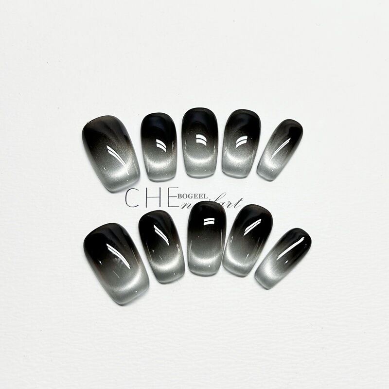Bogeel Pure Handmade Wearable Nails, Black and Gray Cat-Eye Solid Color Finished Nail Art, Simple and Versatile, Enhances Complexion, Niche and High-End Feel