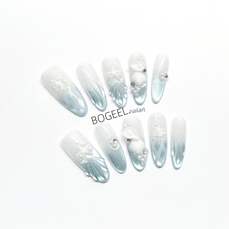 Bogeel Handmade Nail Art with Sea Blue Shell Pearls, Medium-Length Nail Stickers with 3D Design and Fish Tail Pattern