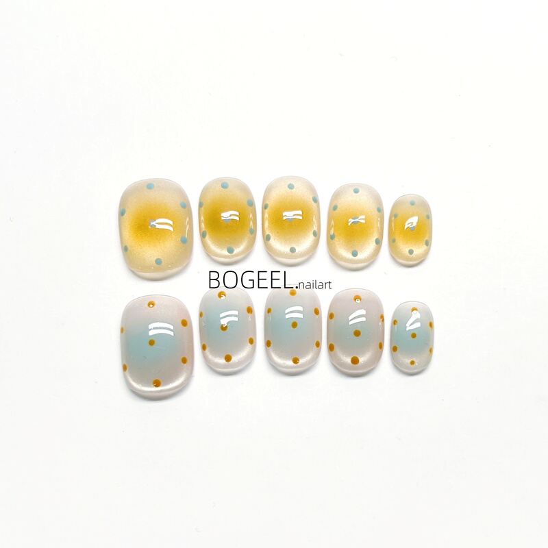 Bogeel Sea Salt Cheese Manicure Pure Handmade Wearable Nail Stickers Yellow and Blue Gradient Polka Dot Cat Eye Internet Celebrity Ab Style