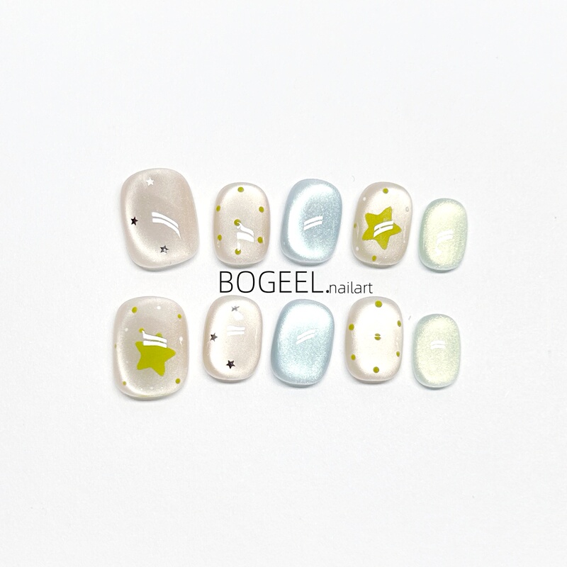 Bogeel Pure Handmade Wearable Nails Blue Pink Polka Dot Five-Pointed Star Short Style Cat Eye Dopamine Summer New Nail Stickers