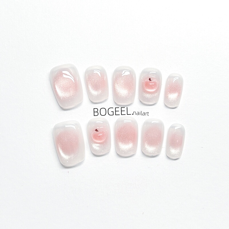 Bogeel Handmade Nail Art Wearable Nail Stickers Pink Blush Gradient Apple Ice Translucent Summer Fresh Short Style with a High-End Feel