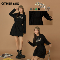 OtherMix street printed one-piece dress Women 2022 Summer new round collar collection waist display slim long sleeve dress