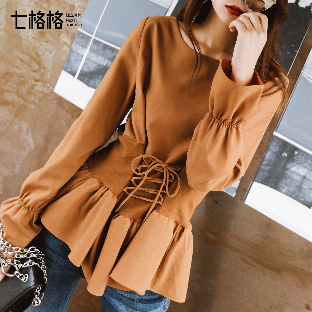 2017秋装新款喇叭袖荷叶边收腰显瘦气质韩版潮长袖雪纺衫上衣女装