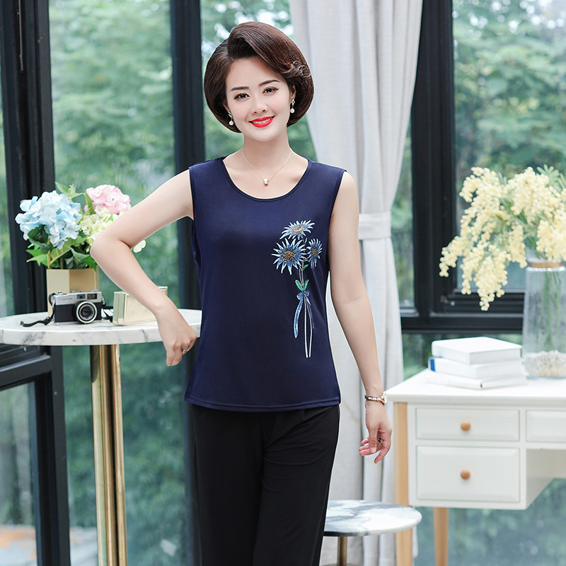 Mẹ sling vest mùa xuân và mùa hè nữ mặc in loose-fitting lớn mã sandshirt cấp cao tay đáy đầu mặc.