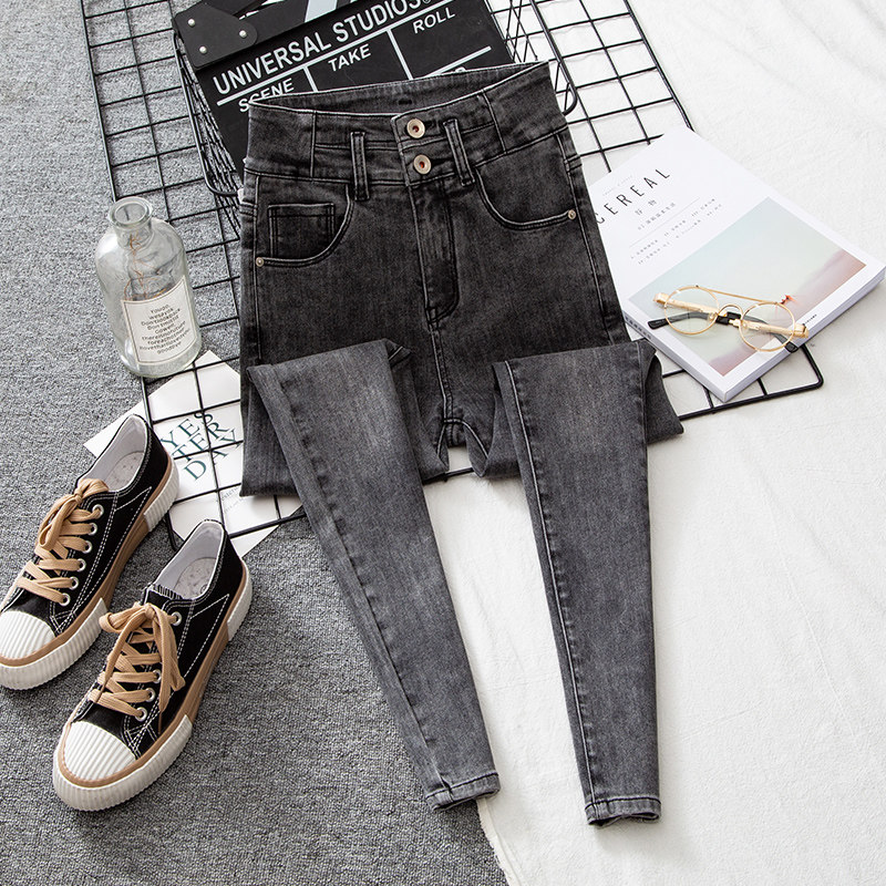 Women's high-waisted jeans autumn 2022 new smokey gray double-button elastic belly-cut slim-fit slim pants trendy