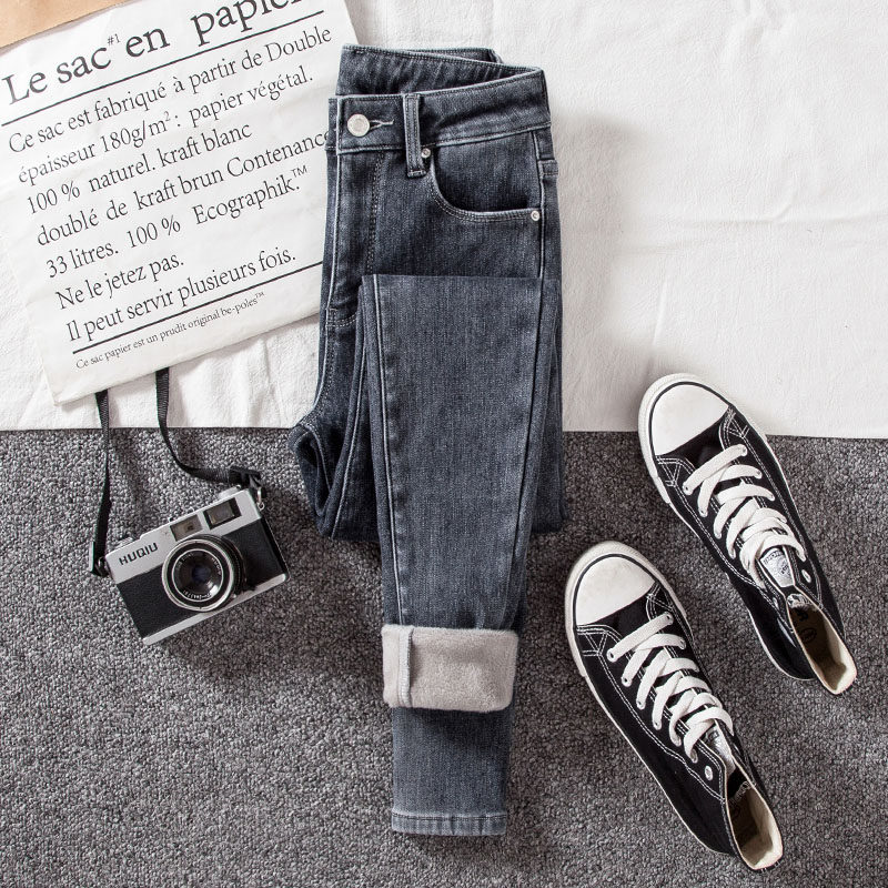 Glint Jeans Women Dress Winter High Waist Long Pants 2022 New Korean Version Thickened Warm Repair Body Display Slim Smoke Pipe Pants