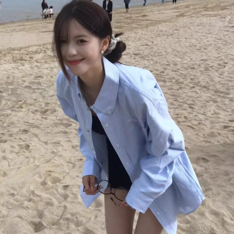 2026 Early Spring Korean Style Outfit Blue Striped Shirt Top Women's Super Stylish Long-Sleeve Sun Protection Shirt Jacket