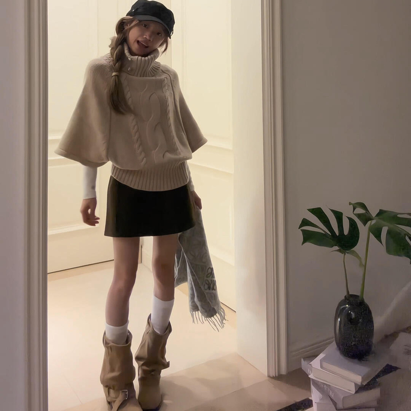 Lazy Style Soft Turtleneck Sweater for Women, New Autumn Style for Petite Figures, Cape-Style Loose Cable Knit Top