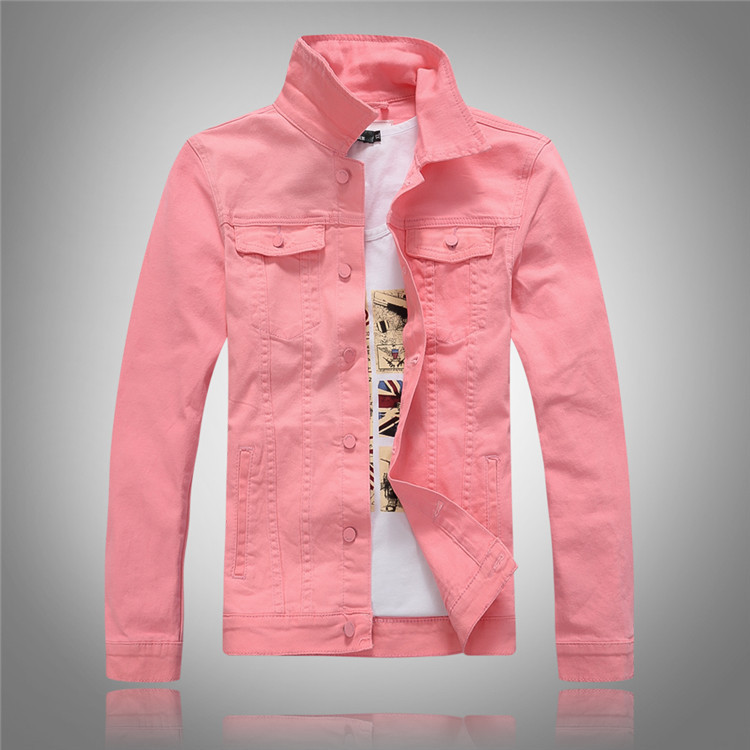 Cool Spring and Autumn New Korean Style Black Denim Jacket for Men, Slim Fit Long-Sleeve Pink Denim Coat, Men's Denim Clothing