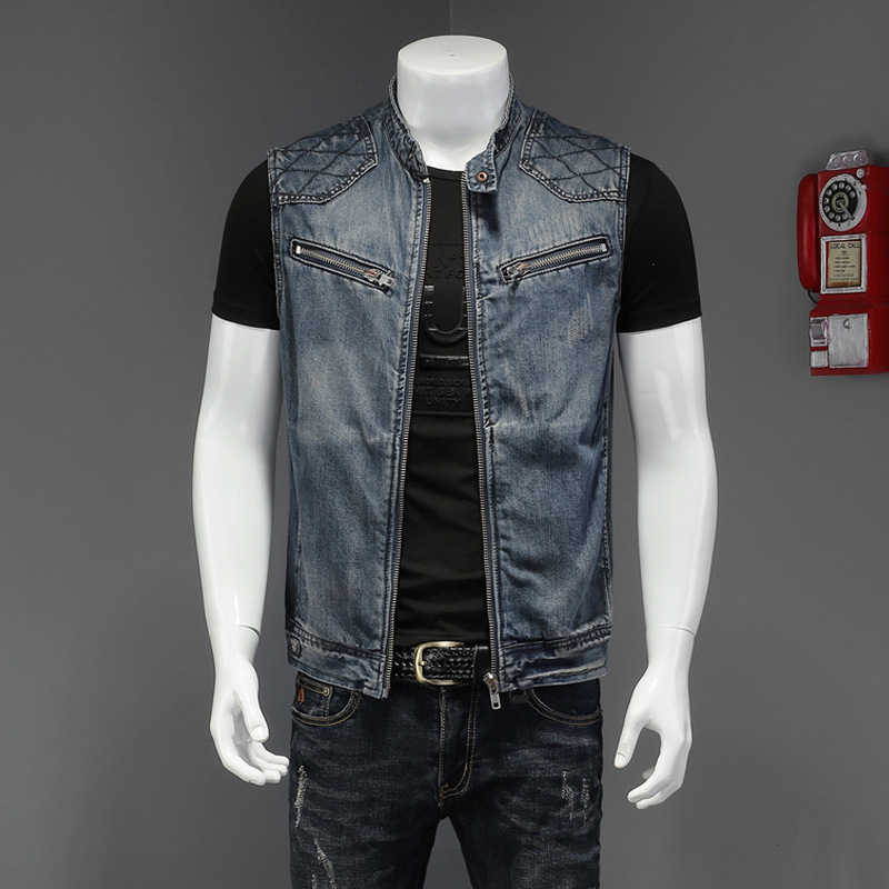 Stand Collar Zipper Men's Spring and Autumn Denim Vest with Large Pockets, Oversized Biker Casual Vest for Export Stand Collar Zipper Men's Spring and Autumn Denim Vest with Large Pockets, Oversized Biker Casual Vest for Export