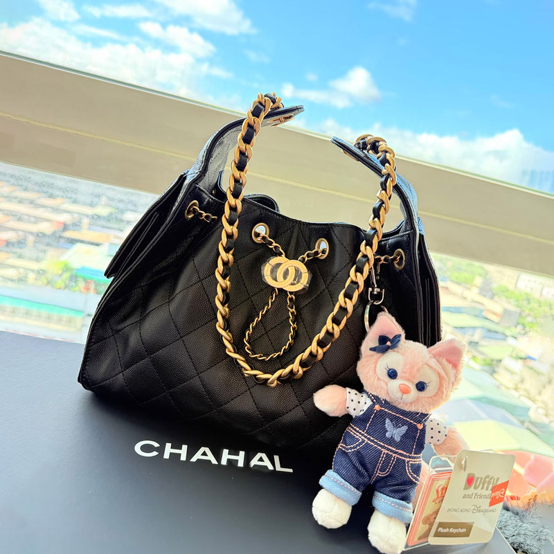 Genuine Leather Chanel-Style 25C Bag Black Gold Cowhide Drawstring Bag Hobo Underarm Bag Quilted Chain Shoulder Hippie Bag