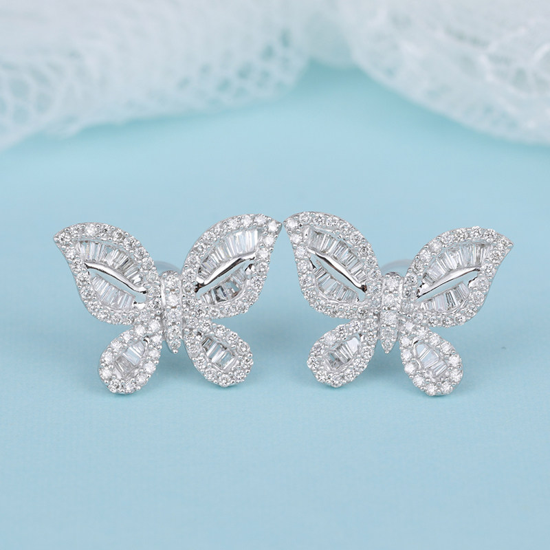 18K Platinum Butterfly Diamond Earshot Female Group Inlaid Ladder Square Full Inlaid Earthen Custom Rose Color Gold Platinum Little Fresh