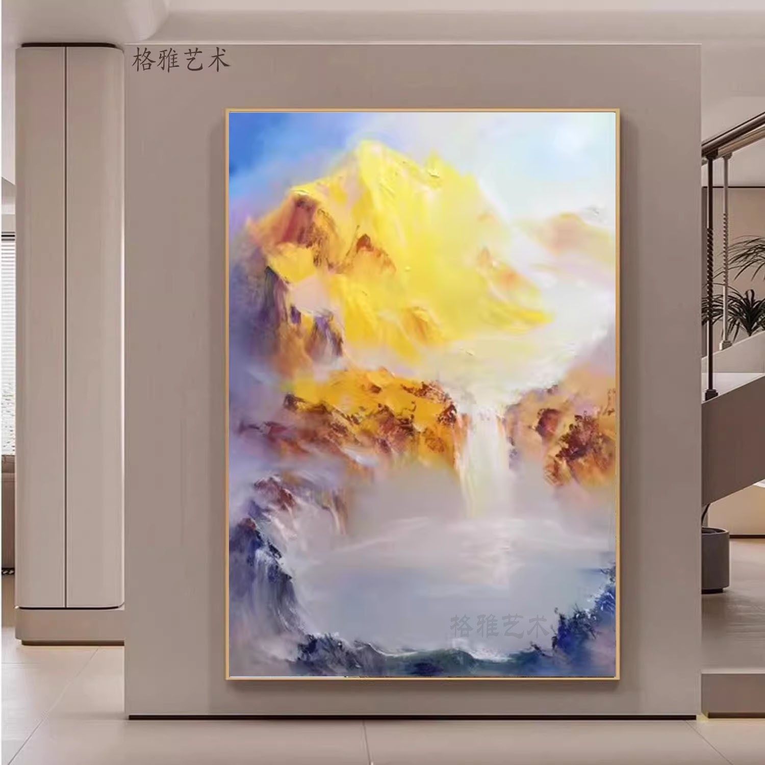 抽象山水油画纯手绘玄关客厅挂画风景装饰画艺术新中式轻奢竖版-淘宝