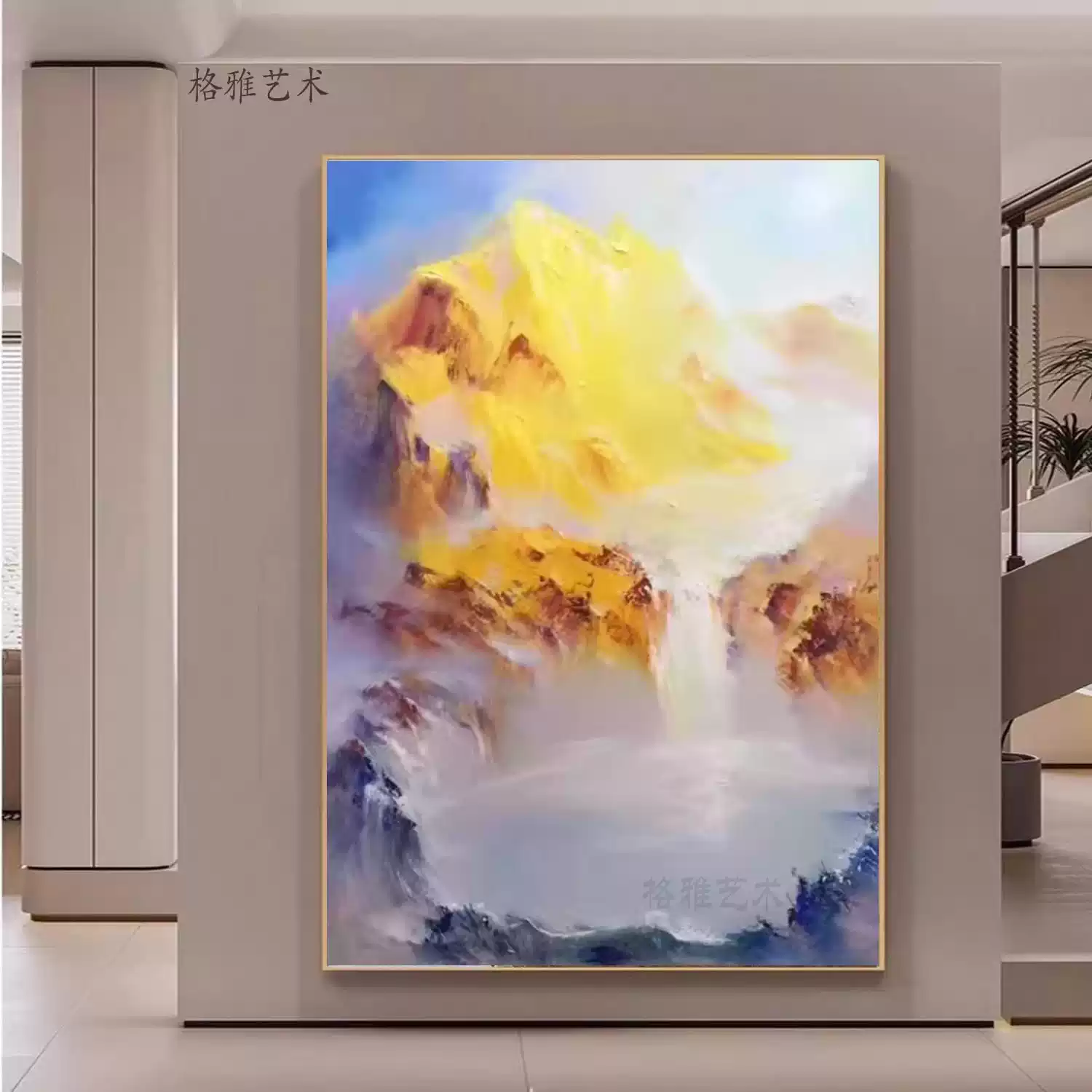 抽象山水油画纯手绘玄关客厅挂画风景装饰画艺术新中式轻奢竖版-淘宝