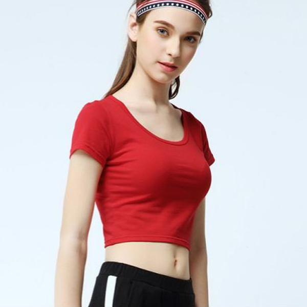 Modal Short-Sleeved T-Shirt for Women with Large Round Neckline, Fitness, Bright Red, Short Top, Exposed Navel, Tight-Fitting Yoga Dance Wear