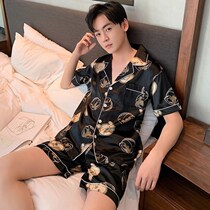 Sleepwear Mens Summer Ice Silk Thin short sleeves Gats up overweight Overweight Men Summer Real Silk Silk Home Suits Suit